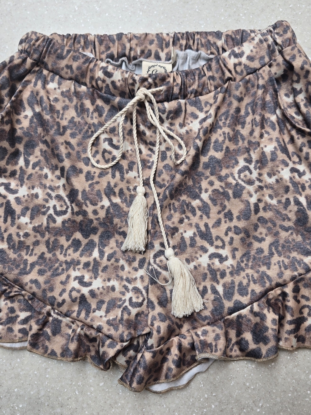 Leopard Print Ruffle Lounge Shorts with Tassel Tie & Pockets, Small
